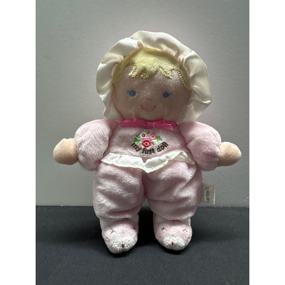 Carters My First Doll Plush Baby Toy Pink Rattle Kitty Slippers Blonde Blue Eyes